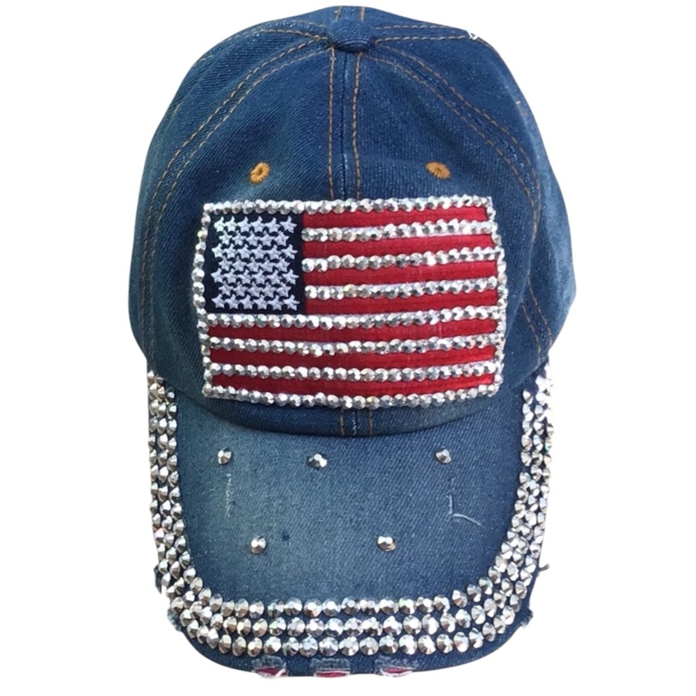 American Flag Patriotic Distressed Blue Jean Denim Rhinestone‎ Flag Baseball Cap
